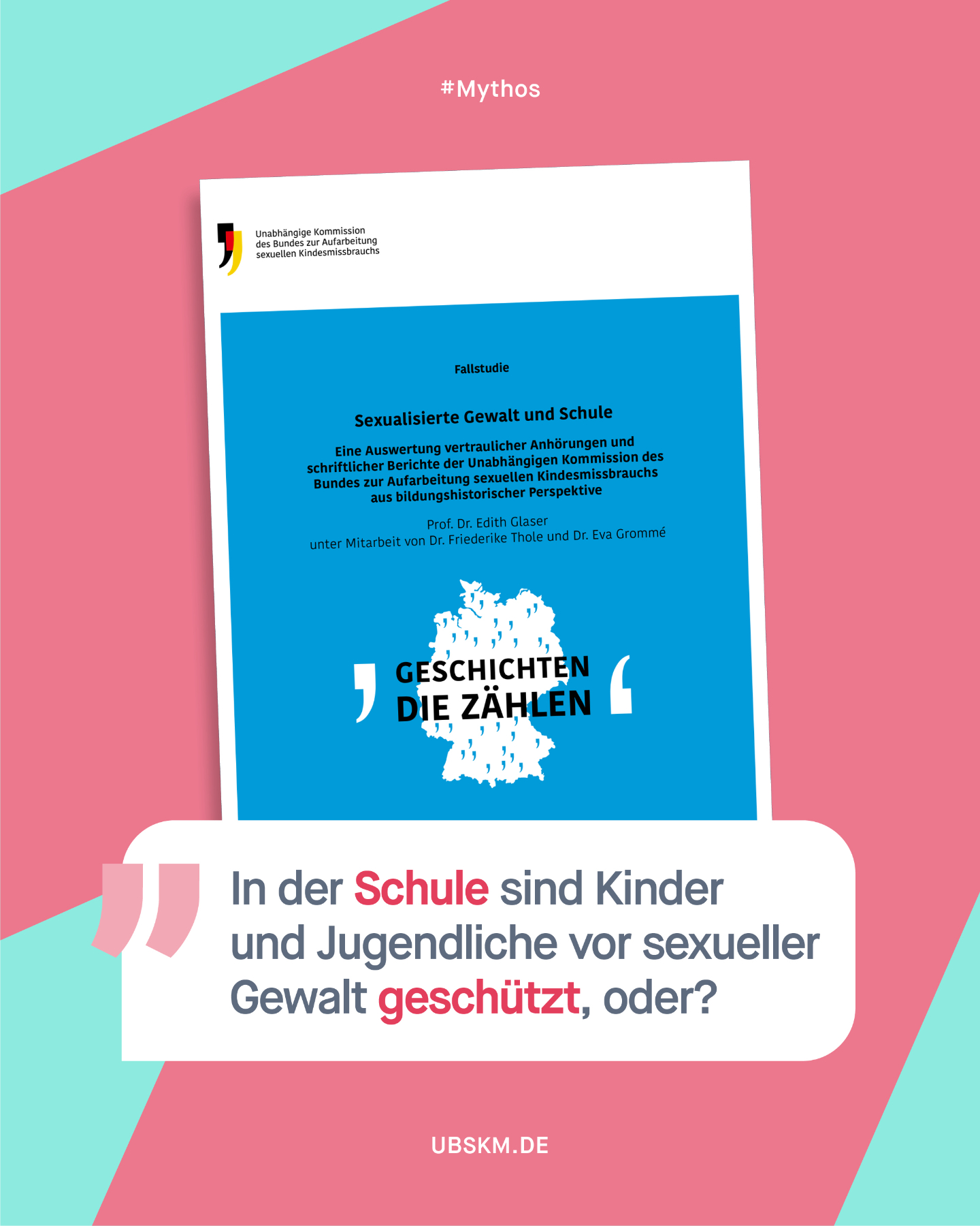 !B „Irgendwann war es ein offenes Geheimnis. […] Ich glaube, es zog sich über Monate, dass ich das Gefühl hatte, jeder wusste davon und keiner tut was.“ (Tanja, Fallstudie Sexualisierte Gewalt und Schule) 

Die sexuelle Gewalt in Schulen wurde lange Zeit verschwiegen oder nicht ernst genommen und hat für Betroffene schwere Folgen. Die Aufarbeitung soll dieses Unrecht sichtbar machen, anerkennen und Verantwortung klar benennen. 

⚠️ In der neuen Fallstudie der Aufarbeitungskommission wird deutlich: In vielen Fällen von sexualisierter Gewalt hat keine Intervention durch Lehrkräfte oder anderes schulisches Personal stattgefunden, obwohl es oft Mitwissende gab. 

👉 Die Kommission fordert deshalb: Schulen müssen stärker in die Verantwortung genommen und Lehrkräfte qualifiziert werden, um Anzeichen von Missbrauch wahrnehmen, einordnen und angemessen handeln zu können. Unabhängige Beschwerdestellen und verlässliche Hilfsangebote in allen Bundesländern sollen ausgebaut werden, damit Kinder und Jugendliche besser vor sexueller Gewalt geschützt werden. 

Die ganze Studie gibt es bei der @aufarbeitungskommission​.

#Aufarbeitung #Schule #GemeinsamGegenMissbrauch #SchuleGegenSexuelleGewalt #Missbrauchsbeauftragte