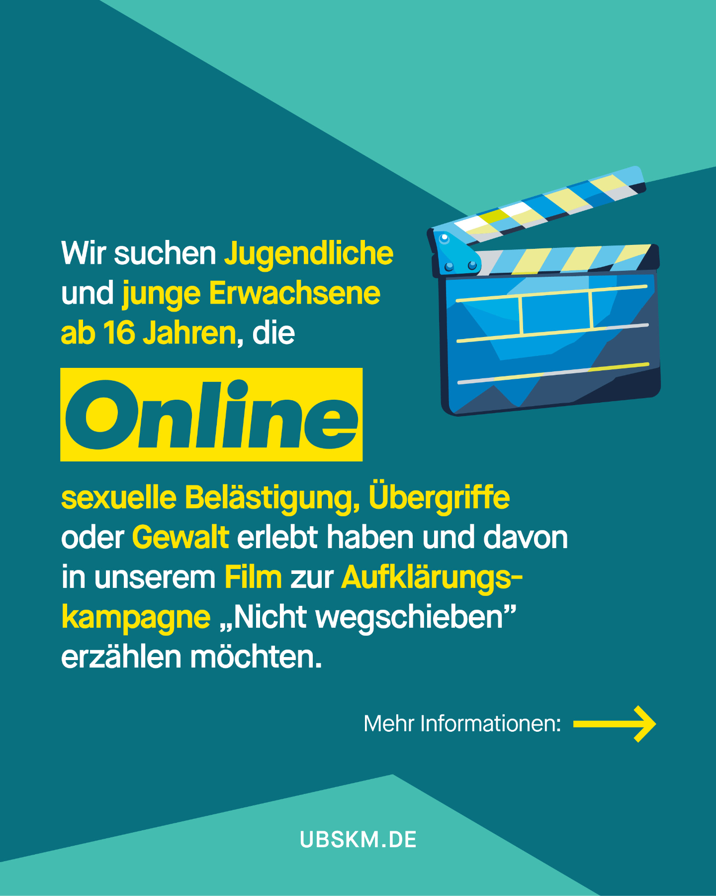 !B Du möchtest ganz Deutschland darüber aufklären, wie es für eine junge Person ist, sexuelle Gewalt im Internet zu erleben? 

Dann melde dich bei uns und werde Teil der Kampagne gegen digitale sexuelle Gewalt: 

🔗 ubskm.de/mediathek/jugendliche-online-betroffen (Link in der Bio) 

#UBSKM #Missbrauchsbeauftragte #DigitaleSexuelleGewalt #NichtWegschieben