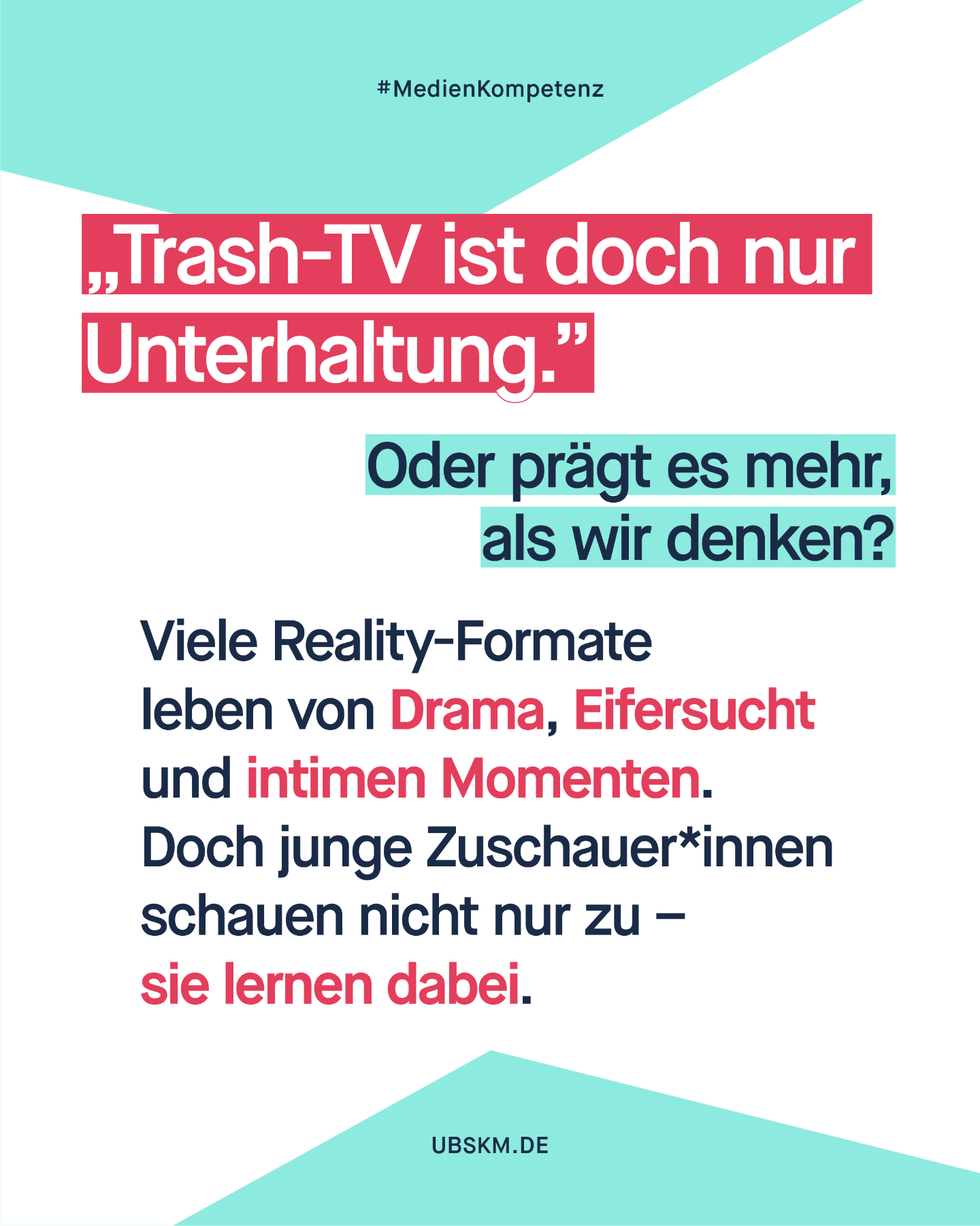 !B Reality-TV gehört für viele Jugendliche zum Alltag. Die Formate sind laut, emotional und bewusst zugespitzt. Das Problem ist nicht das Drama an sich, sondern welche Beziehungsbilder, Körperideale und Grenzverschiebungen dabei normalisiert werden können. 

Jugendliche entwickeln gerade ihr Selbstbild und ihr Verständnis von Nähe. Medien sind dabei ein wichtiger Orientierungsrahmen. Wenn Kontrolle, Eifersucht oder Grenzverletzungen immer wieder als „normal“ oder unterhaltsam inszeniert werden, kann das Einfluss auf Wahrnehmung und Erwartungen haben. 

Wie siehst du das? 

#Medienkompetenz #Jugendschutz #RealityTV  #UBSKM #MissbrauchsBeauftragte