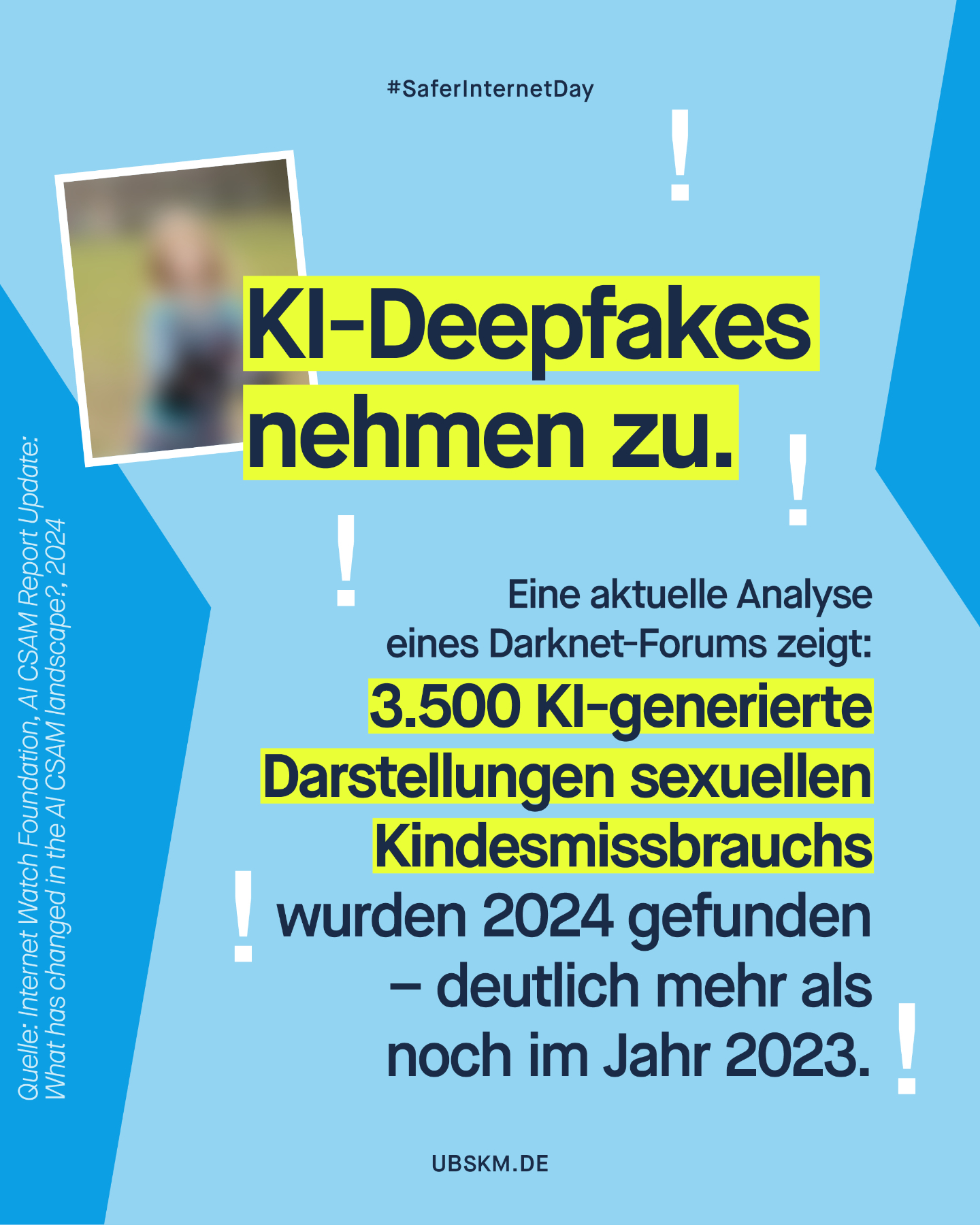 !B „KI and me. In künstlicher Beziehung“ ist das Motto des heutigen #SaferInternetDay. Die EU-Initiative @klicksafe​ lenkt den Blick darauf, wie Künstliche Intelligenz unser Zusammenleben verändert und wie Kinder und Jugendliche damit aufwachsen. 

Die Zahlen zeigen, wie dringend der Handlungsbedarf ist: 
Mit KI-Tools hergestellte Missbrauchsdarstellungen gibt es massenhaft – 400 % mehr als im Jahr zuvor. 

🤖 Mithilfe von KI können künstlich erzeugte oder veränderte Bilder, Stimmen und Videos täuschend echt wirken. Dadurch können auch sogenannte Deepfakes oder Deepnudes schnell und einfach produziert werden. Jede und jeder kann heute per KI im Netz ausgezogen werden. 

Wir alle können viel für den Schutz von Kindern vor sexueller Gewalt im Internet tun: 
👉 Schau hin: Frag nach Apps, Spielen und Chats, die das Kind nutzt. Sei präsent. 
👉 Kläre über KI auf: Erkläre, dass Inhalte gefälscht sein können. 
👉 Sprich mit dem Kind über seinen Körper und bringe ihm bei: Grenzen und Selbstbestimmung sind wichtig. 
👉 Vermittle das Gefühl: „Ich bin da. Ich höre zu. Ich glaube dir.“ 
👉 Bleibe informiert: Informationen und Tipps zur Mediennutzung von Kindern und Jugendlichen findest du bei @initiative_schau_hin​. 

Ob Schule, Unternehmen, Verein oder Privatperson – es gibt viele Möglichkeiten für dich beim SID 2026 mitzumachen. Mehr Infos 🔗 klicksafe.de/sid 

#SID26 #MedienKompetenz #UBSKM #MissbrauchsBeauftragte