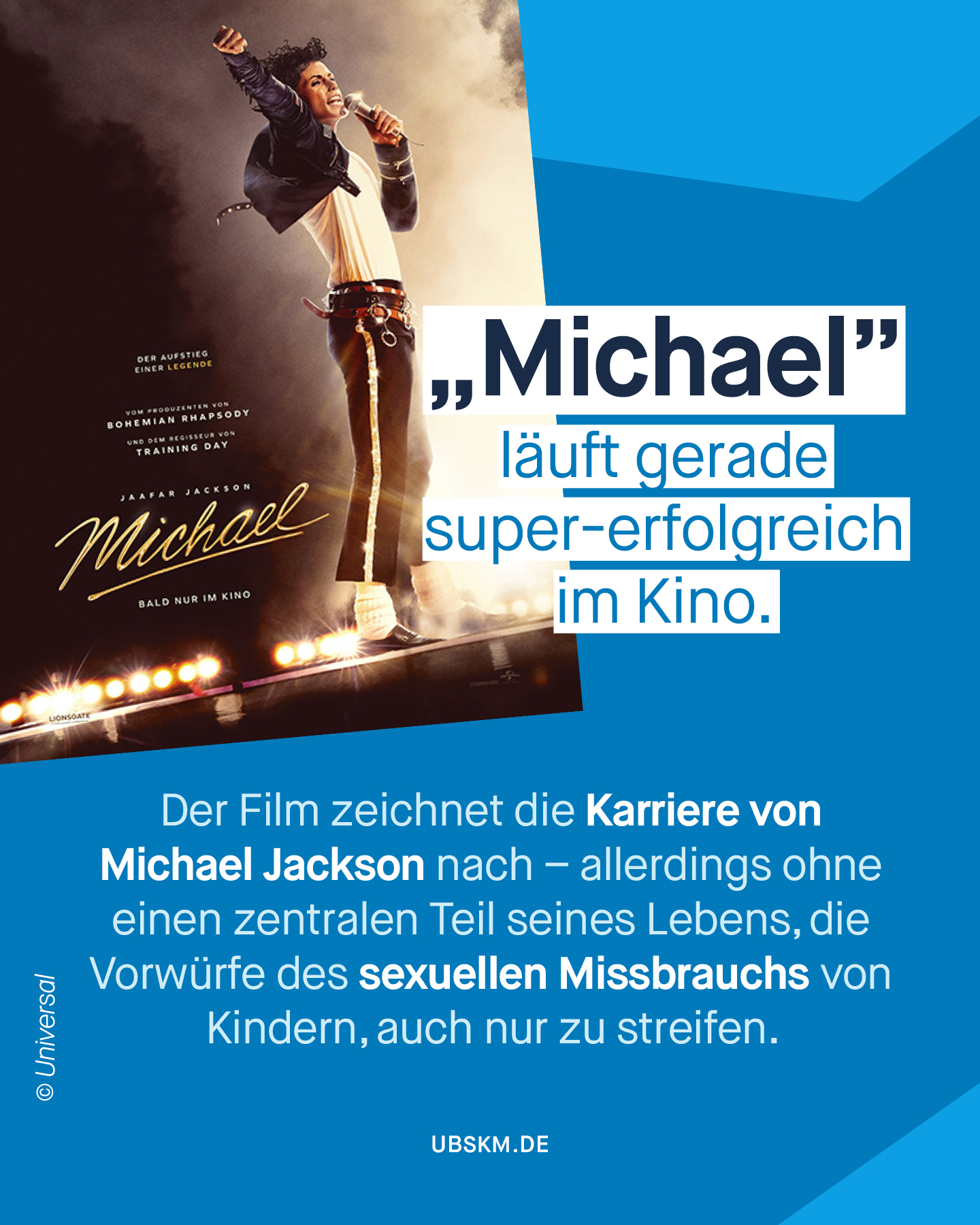 !B „Michael“ hat einen Rekordstart hingelegt: Der Kinofilm über Musiklegende Michael Jackson spielte am ersten Wochenende an den Kinokassen rund 217 Millionen Dollar ein. 

Gleichzeitig gibt es viel Kritik an dem Film, der die Karriere von Michael Jackson zeigt – allerdings ohne einen zentralen Teil seines Lebens, die Vorwürfe des sexuellen Missbrauchs von Kindern, auch nur zu streifen. Jackson selbst und seine Familie beteuerten stets seine Unschuld, obwohl der Popstar einräumte, mit fremden Kindern ein Schlafzimmer geteilt zu haben. 
Kann man das Leben eines Weltstars erzählen, ohne die schweren Vorwürfe gegen ihn zu erwähnen? 

👇 Was meint ihr? Diskutiert bitte respektvoll in den Kommentaren. 

#MichaelJackson #Michael #Popkultur #MissbrauchsBeauftragte #UBSKM