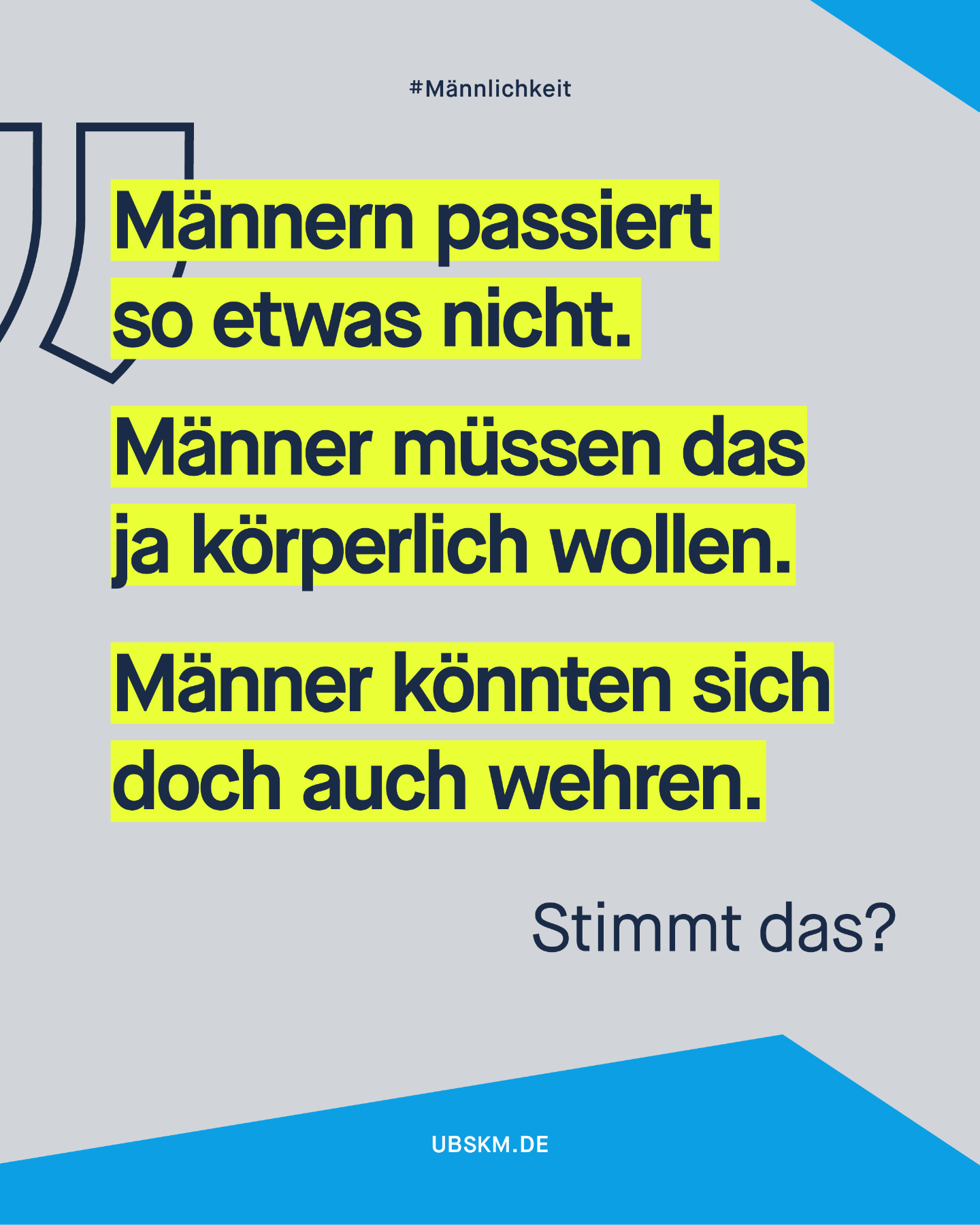 !B Gesellschaftliche Vorstellungen von Männlichkeit vermitteln oft, Männer müssten immer stark sein, sich wehren können und keine Angst zeigen. Doch sexuelle Gewalt hat nichts mit Stärke oder Schwäche zu tun, sondern mit der Macht von Tätern oder Täterinnen. 

Wichtig ist: 
Die Schuld liegt niemals bei den Betroffenen. 
Nicht bei Jungen. Nicht bei Männern. Nie. 

Du hast einen Verdacht oder brauchst selbst Hilfe? Wende dich kostenlos und anonym an das Hilfe-Telefon Sexueller Missbrauch unter ☎️ 0800 22 55 530. Mo., Mi., Fr. 9 bis 14 Uhr Di., Do. 15 bis 20 Uhr 
💬 Online-Beratung: schreib-ollie.de 

#Missbrauchsbeauftragte #GewaltGegenMänner #GewaltGegenJungen #Männlichkeit