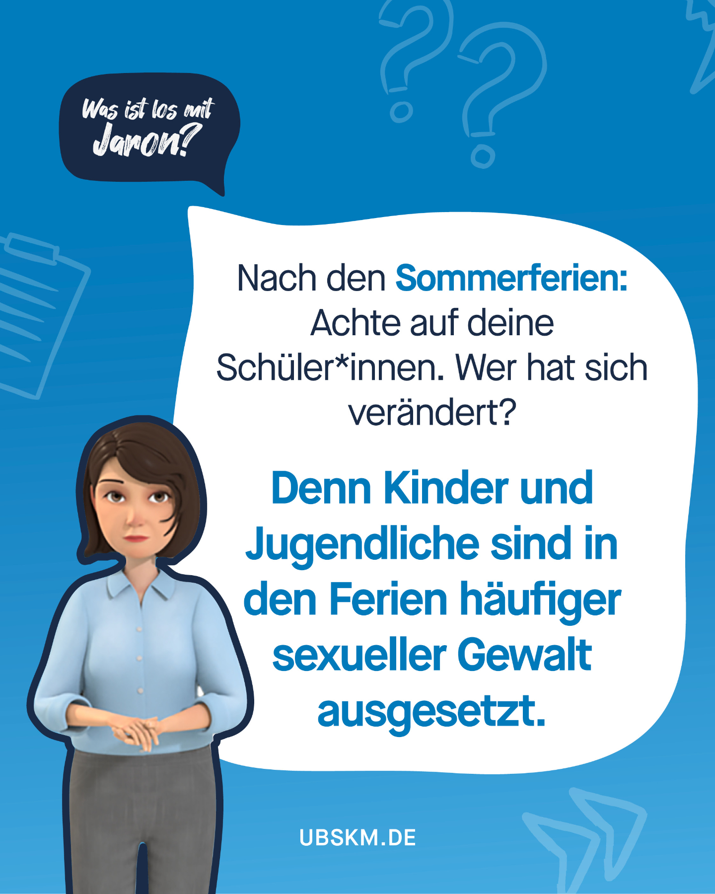 !B Liebe Lehrkräfte, liebe Schulgemeinschaft, 
die Ferien sind vorbei und für Schüler*innen beginnt wieder der Alltag. Bitte achtet darauf, ob sich jemand in der Klasse möglicherweise verändert hat. Denn in den Ferien kommt es mitunter zu sexuellen Übergriffen gegen Kinder und Jugendliche. 

Erwachsene müssen hinschauen und vorbereitet sein. Die Zahlen des BKA zeigen deutlich: Missbrauch geschieht oft nicht durch Fremde, sondern im familiären Umfeld oder im engeren Bekanntenkreis des Kindes. 

Als Lehrkräfte seid ihr oft die ersten, die Veränderungen im Verhalten von Kindern und Jugendlichen bemerken können. 

Wir laden euch ein, an der kostenlosen Fortbildung „Was ist los mit Jaron?“ teilzunehmen. Lernt, die Anzeichen zu erkennen, angemessen zu reagieren und Kinder und Jugendliche effektiver zu schützen. 

Gerade jetzt, nach den Sommerferien, ist es wichtiger denn je, aufmerksam zu sein und die notwendigen Kenntnisse zu haben. 

Die digitale Fortbildung dauert nur zwei bis vier Stunden, ist niedrigschwellig aufgebaut und orientiert sich an authentischen Beispielen aus dem Schulalltag. 

In allen Bundesländern offiziell anerkannt, mit Teilnahmebescheinigung und jederzeit online verfügbar. 
👉 Jetzt starten: was-ist-los-mit-jaron.de 

#UBSKM #Prävention #Kinderschutz #LehrerLeben #WasIstLosMitJaron