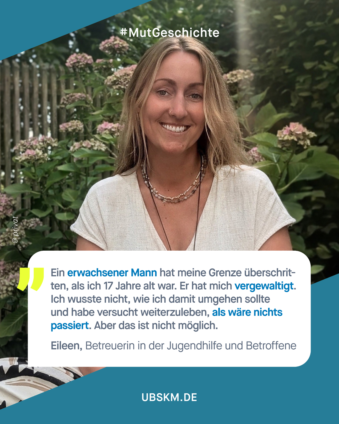 !B Content Note (CN) Sexueller Missbrauch. Diese Inhalte können belastend und retraumatisierend wirken. 

Eileen wird in ihrer Jugend von einem Erwachsenen missbraucht. Sie ist 17 Jahre alt, als ein erwachsener Mann ihre Grenze überschreitet und sie vergewaltigt. Sie vertraut sich zwei Gleichaltrigen an, doch die Reaktion ist enttäuschend. Gerüchte verbreiten sich, und ihr wird nicht geglaubt. Statt Unterstützung erfährt sie Ablehnung. Man redet sie nieder, mit Aussagen wie: „Sie will ja nur Aufmerksamkeit.“ Viele Freundschaften zerbrechen, Menschen wenden sich ab. Die Schule nimmt nichts wahr, auch die Lehrkräfte bemerken nichts. Eine Klassenlehrerin fragt zwar einmal, ob alles in Ordnung sei, hakt aber nach Eileens „Ja“ nicht weiter nach. Eileen ist in der Lage, alles gut zu überspielen und so zu tun, als wäre nichts passiert. Sie erzählt ihrer Familie nichts, weil sie glaubt, allein damit zurechtzukommen. 

Sie schweigt lange, weiß nicht, wie sie damit umgehen soll und versucht, ihr Leben fortzusetzen, als wäre nichts geschehen. Doch die Erlebnisse haben tiefe Spuren hinterlassen. Erst viele Jahre später, als die Auswirkungen auf ihre Beziehungen immer deutlicher werden, sucht Eileen professionelle Hilfe. Der erste Versuch ist ernüchternd: Eine Therapeutin teilt ihr mit, dass sie nichts machen könne, da Eileen ja in der Lage sei, darüber zu sprechen. Erst mit Unterstützung von ihrem Arzt, der ihr bei der Suche nach einer geeigneten Therapie hilft, findet sie die nötige Begleitung. 

Heute spricht Eileen offen über ihre Geschichte. Auch wenn es sie viel Überwindung kostet, möchte sie anderen Betroffenen Mut machen, sich früher Hilfe zu holen und diesen Weg nicht allein zu gehen. 

Wir danken @free.soul.path von Herzen für ihren außergewöhnlichen Mut und ihre Offenheit, diese persönliche Geschichte mit uns zu teilen. 

#Missbrauchsbeauftragte #SexuelleGewalt #MutMachen #SchweigenBrechen #Mutgeschichte