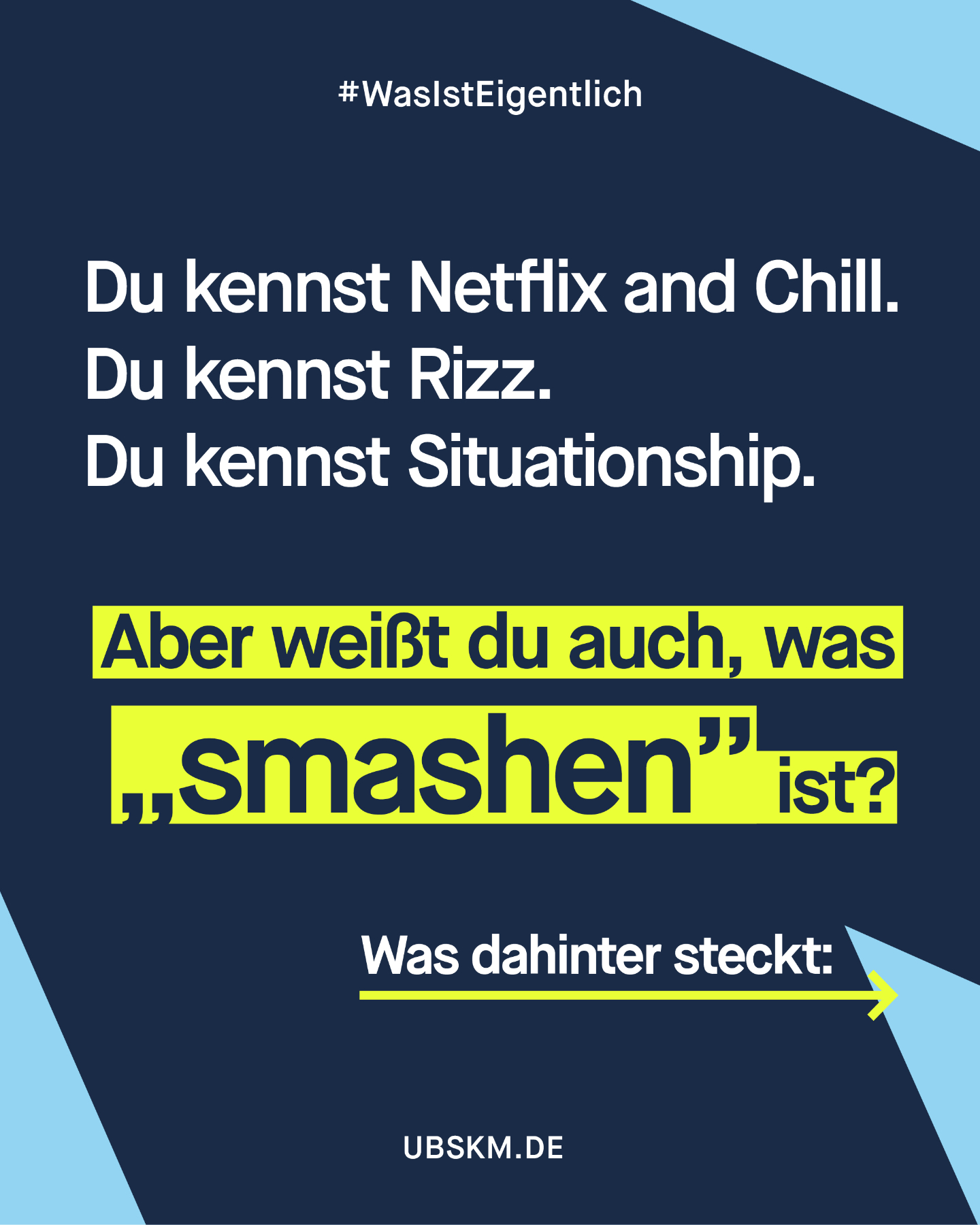 !B „Smashen” – auf den ersten Blick mag es harmlos klingen, doch bei genauerem Hinsehen birgt es eine gefährliche Verharmlosung von sexueller Gewalt. 

Sprache prägt unser Denken und unsere Wahrnehmung. Wenn wir Begriffe verwenden, die Gewalt beinhalten, um Sex zu beschreiben, verwischen wir die Grenzen zwischen Einvernehmlichkeit und Übergriff. Das kann dazu führen, dass die Ernsthaftigkeit sexueller Gewalt unterschätzt und das Konzept von „Ja heißt Ja!” untergraben wird. Es ist entscheidend, dass wir uns bewusst machen, welche Botschaften wir mit unserer Sprache senden. Echte Nähe und Einvernehmlichkeit haben nichts mit „smashen” zu tun. 

#Smashen #Missbrauchsbeauftragte #Konsens #Jugendwort