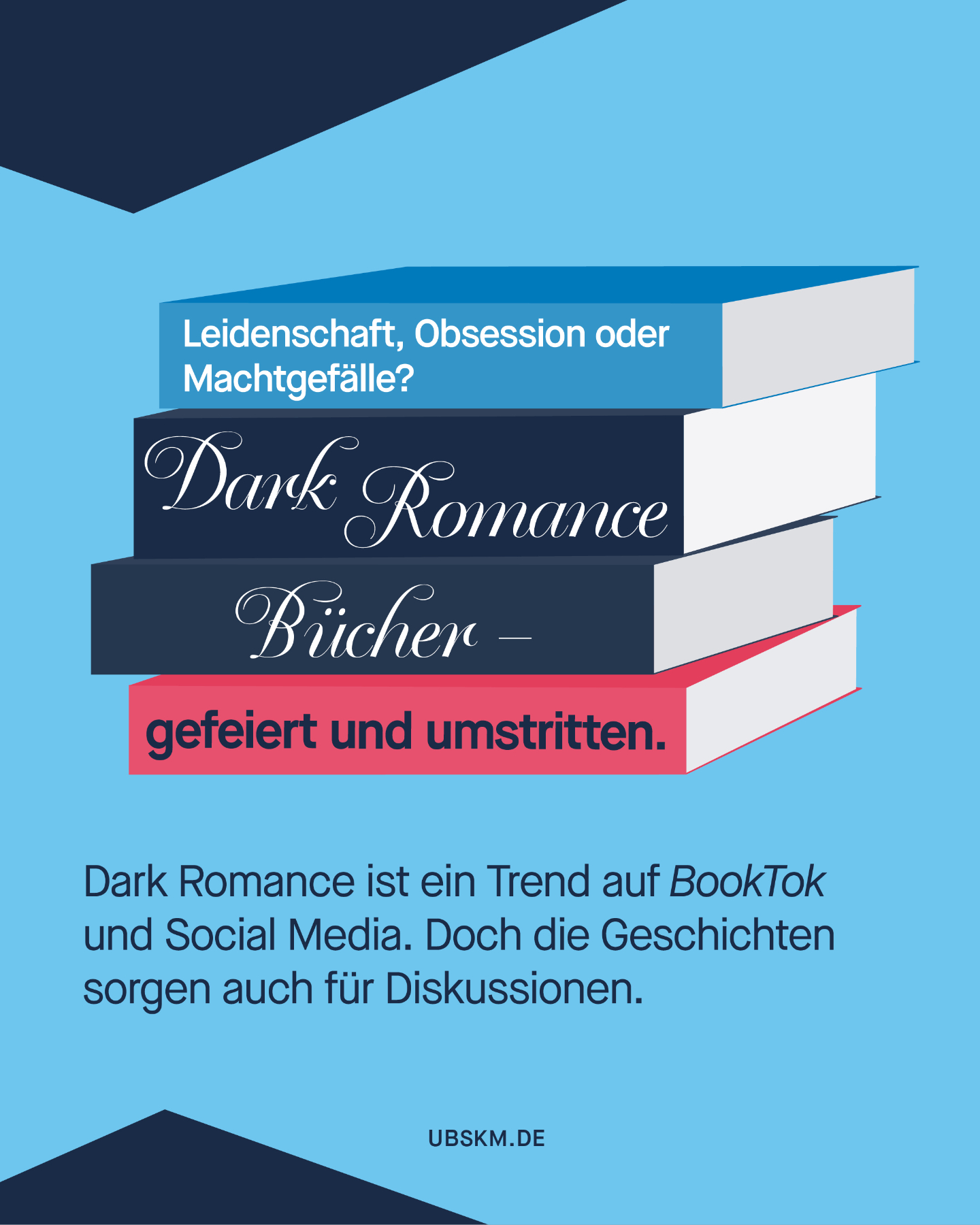 !B Dark Romance ist überall: auf #BookTok, in Bestsellerlisten und in vielen Jugendzimmern. 📚 

Die Bücher erzählen oft von intensiven Beziehungen, großen Machtunterschieden oder moralisch ambivalenten Figuren. Für viele Leser*innen ist das spannende Fiktion – gleichzeitig werden diese Geschichten auch kritisch diskutiert. 
Denn manche Darstellungen können problematische Beziehungsmuster romantisieren. 

Wichtig ist deshalb vor allem eins: im Gespräch bleiben. Wenn junge Menschen solche Bücher lesen, kann es helfen, gemeinsam über Themen wie Grenzen, Konsens und gesunde Beziehungen zu sprechen. Denn: Fiktion darf vieles erzählen, aber sie sollte auch eingeordnet werden können. 

👉 Sprecht ihr mit euren jugendlichen Kindern über die Bücher, die sie lesen? 

#DarkRomance #UBSKM #MissbrauchsBeauftragte