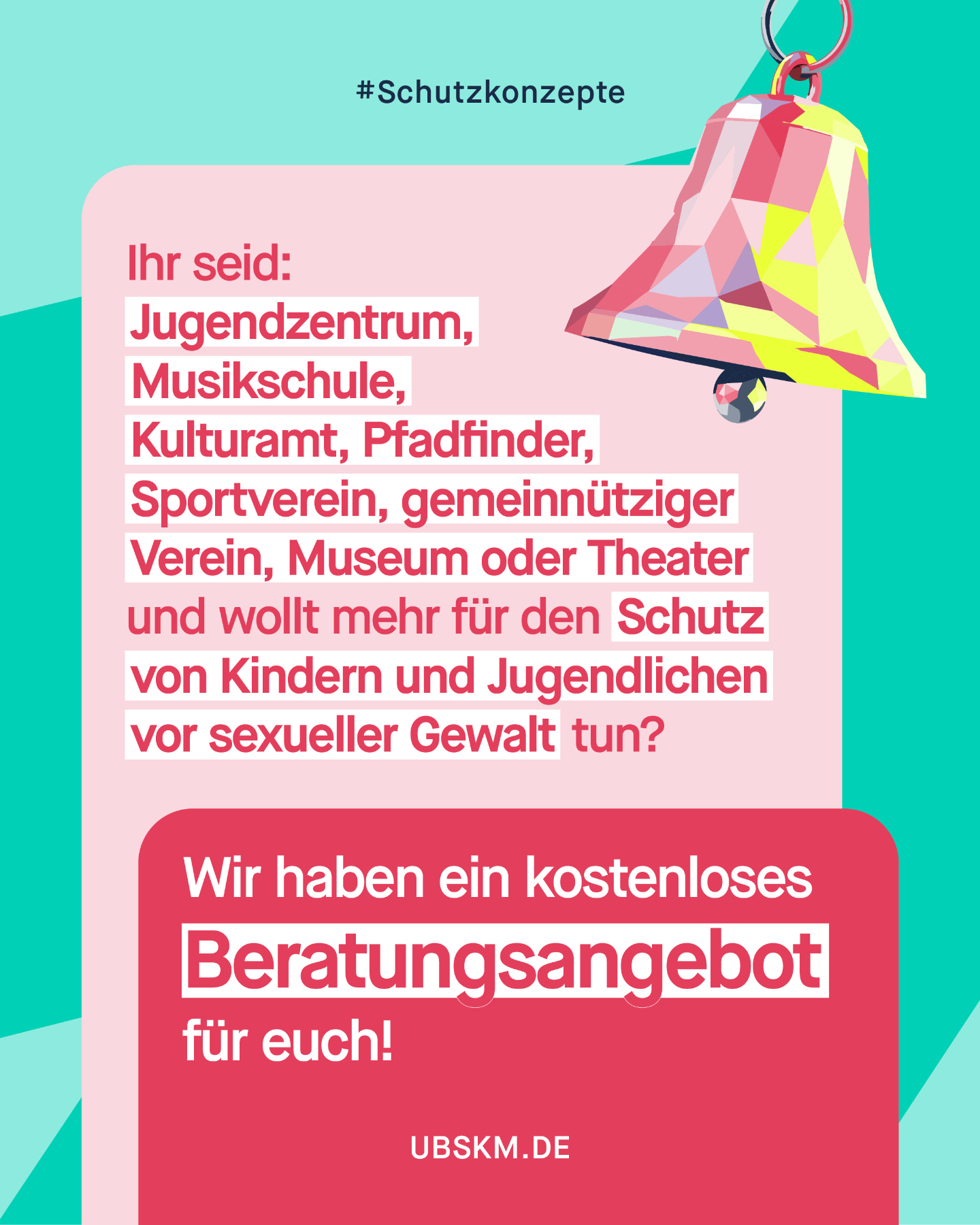 !B Organisationen, die mit Kindern und Jugendlichen arbeiten sind gemäß UBSKM-Gesetz zur Einführung eines Schutzkonzepts gegen sexuelle Gewalt verpflichtet. 

Die Bundesvereinigung Kulturelle Kinder- und Jugendbildung (#BKJ) bietet Organisationen, Einrichtungen und Verbänden, die Angebote für junge Menschen auf Basis des Sozialgesetzbuches (SGB VIII) planen, finanzieren und durchführen, kostenlose Impulsberatungen an. Das Ziel ist es, sie bei der Entwicklung oder Weiterentwicklung von Schutzkonzepten gegen sexuelle Gewalt zu unterstützen. 

👆Wichtig: Termine sind von August bis Dezember 2026 verfügbar und können maximal sechs Wochen im Voraus gebucht werden. Pro Träger können maximal zwei Online-Beratungstermine à 45 Minuten gebucht werden. 

Weiterführende Informationen findet ihr auf 🔗 bkj.de/meldung/kostenfreie-beratungen-zur-schutzkonzeptenwicklung-in-der-kulturellen-bildung. 

#GemeinsamGegenMissbrauch #Missbrauchsbeauftragte #Prävention #Schutzkonzepte