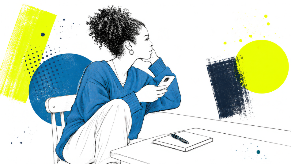 Eine junge Person sitzt an einem Tisch und hält ein Smartphone in der Hand.