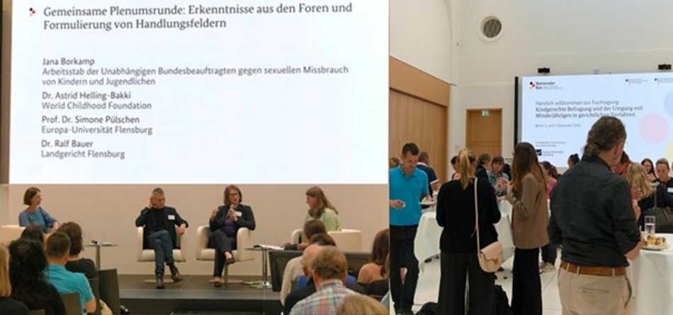 Collage Tagung: vier Personen sitzen in Sesseln auf Bühne vor Publikum, eine Person mit Mikrofon; Menschen an Stehtischen mit Tellern 
