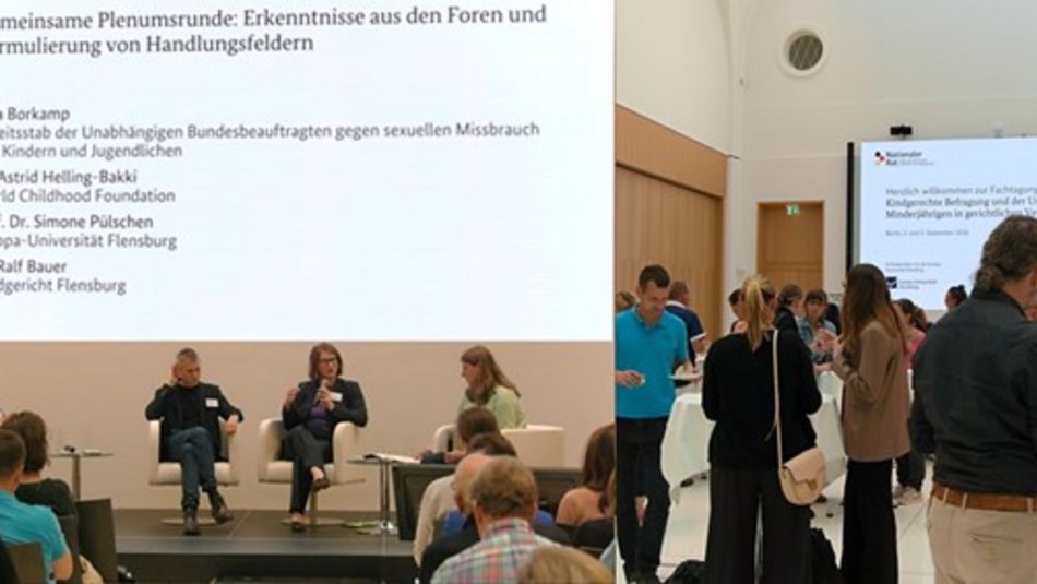 Collage Tagung: vier Personen sitzen in Sesseln auf Bühne vor Publikum, eine Person mit Mikrofon; Menschen an Stehtischen mit Tellern 